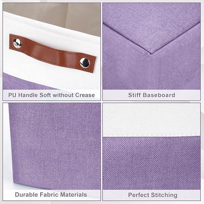 13x13 Cube Storage Bins, Collapsible Fabric Storage Box, 4 Pack Closet Baskets with Handles for Organizing, Shelf, Toys, Clothes, Home, Office, Nursery (Purple&White)
