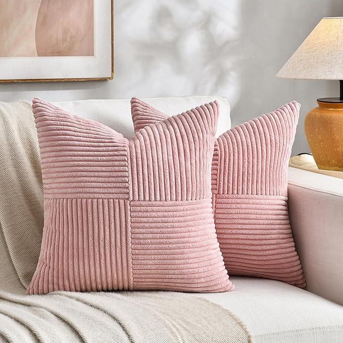 Fancy Homi 2 Packs Blush Pink Decorative Throw Pillow Covers 18x18 Inch for Living Room Couch Bed, Rustic Farmhouse Boho Home Decor, Soft Corss Corduroy Patchwork Textured Square Cushion Case 45x45 cm