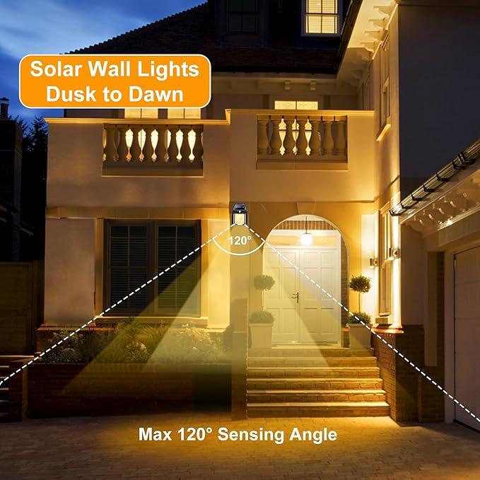 Joomer Solar Wall Lights Outdoor 4PACK, Dusk to Dawn Porch Lights Fixture, Waterproof Exterior Lighting with Clear Panel for Entryway Front Door, Solar Wall Lantern with 3 Modes & Motion Sensor