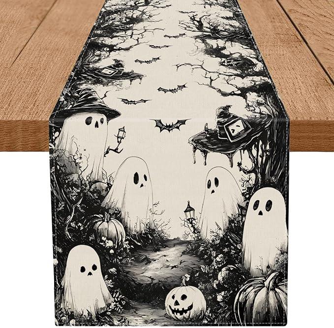 GPGHE Halloween Table Runner Black Ghost Holiday Burlap Table Decoration Indoor Outdoor Home Decor Party Supply 13 x 36 Inch