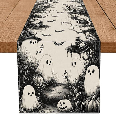 GPGHE Halloween Table Runner Black Ghost Holiday Burlap Table Decoration Indoor Outdoor Home Decor Party Supply 13 x 60 Inch