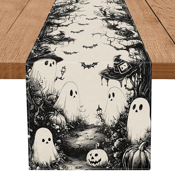 GPGHE Halloween Table Runner Black Ghost Holiday Burlap Table Decoration Indoor Outdoor Home Decor Party Supply 13 x 60 Inch