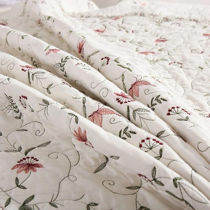 MarCielo 3-Piece 100% Cotton Oversized Bedspread Lightweight Quilt Coverlet Embroidery Farmhouse Bedding Set (TC Soft White,Oversized Queen (100