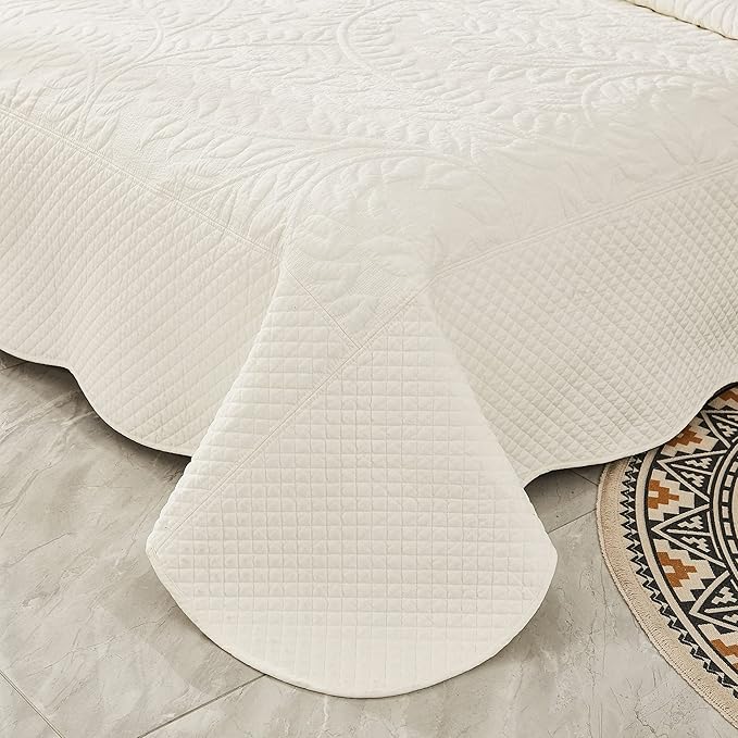 MarCielo 3-Piece 100% Cotton Oversized Bedspread Lightweight Quilt Coverlet Embroidery Farmhouse Bedding Set T0 (Bright White, Twin (68