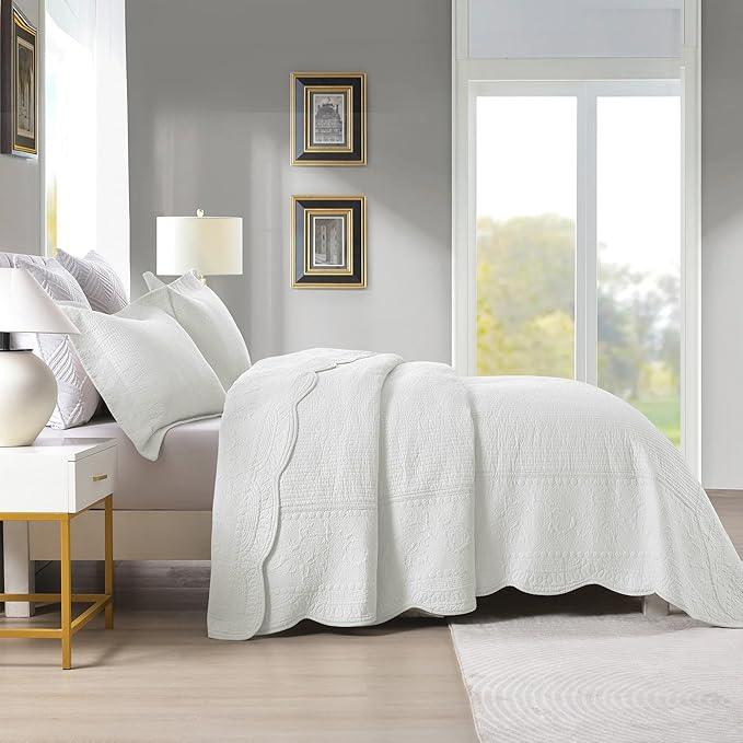 MarCielo 3-Piece 100% Cotton Oversized Bedspread Lightweight Quilt Coverlet Embroidery Farmhouse Bedding Set (TG Bright White, Oversized Queen (100