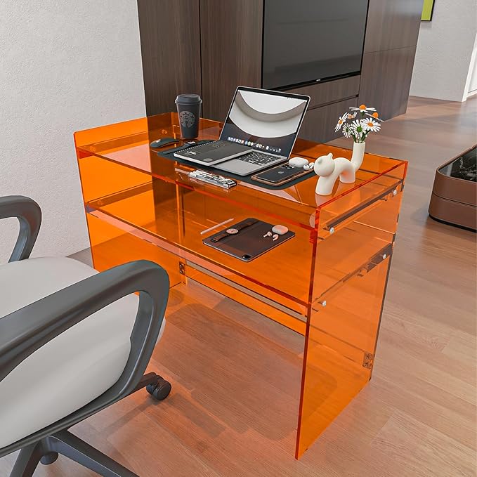 Acrylic Desk with Retaining Edge, Orange Acrylic Table, Console Table for Office, Study, Bedroom, Entrance Decor (17.7