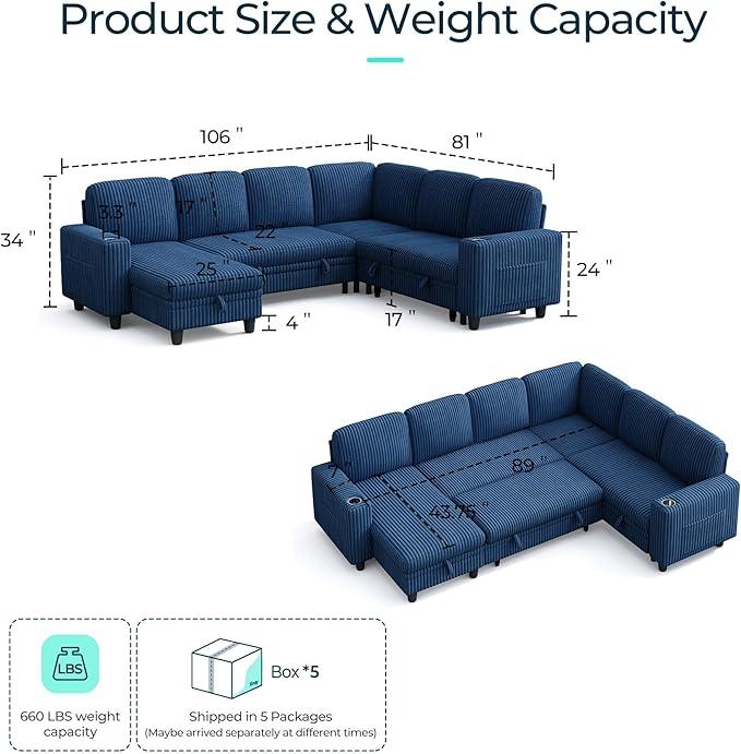 LINSY HOME Sectional Sleeper Sofa with Pull Out Couch Bed - Convertible Plush Corduroy Cloud Couch with Storage Chaise & USB Charging, Comfy Modular Couches for Living Room, Blue