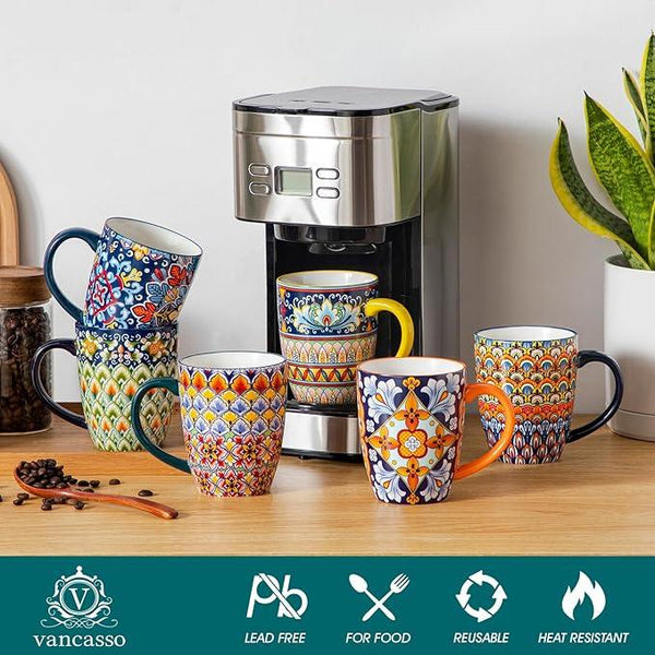 vancasso 16 oz Coffee Mugs Set of 6, Large Ceramic Mug with Handle, Boho Coffee Cups for Latte, Cappuccino & Hot Chocolate, Dishwasher & Microwave Safe Gift Set, Series SIMI