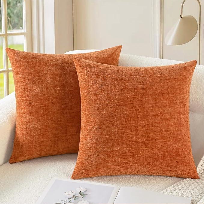 CaliTime Fall Throw Pillow Covers Decorative 16 X 16 Inches Pack of 2 Cozy Chenille Cushion Cases for Couch Sofa Bed Living Room Home Burnt Orange