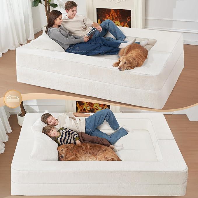 Folding Bean Bag Chair for Adults,3-in-1 Bean Bag Couch Faux Fur Floor Sofa Large Beanbag Convertible Bean Bag Sofa Bed with Pillow in Bedroom,Living Room,Apartment(Queen,Milky White)