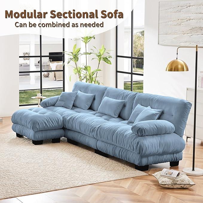 Modular Sectional Sofa, Comfy Cloud Couch 3 Seater Couch with Ottoman, Sectional Couches for Living Room, Modern Chenille L Shaped Couches, Sleeper Deep Seat Sofa with Throw Pillows, Blue