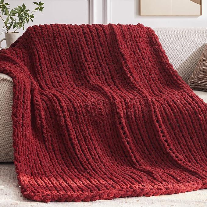 Chunky Knit Throw Blanket, 60''*80'' Knitted Throw Chenille Yarn for Bed Couch, Handmade Red Crochet Big Thick Blanket, Machine Washable Cute Comfy Blanket for Home Decor