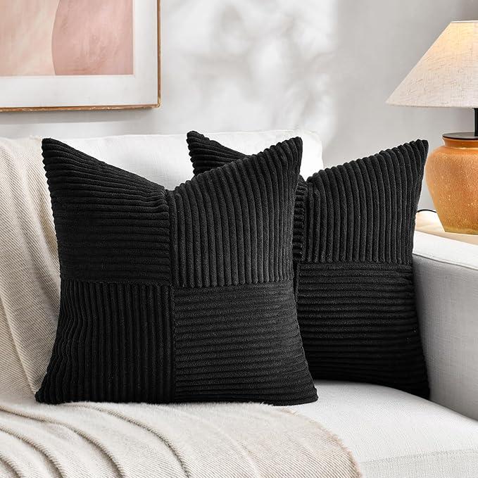 Fancy Homi 2 Packs Black Big Decorative Throw Pillow Covers 24x24 Inch for Couch Bed Sofa, Rustic Farmhouse Boho Home Decor, Soft Corss Corduroy Patchwork Accent Square Cushion Case 60x60 cm