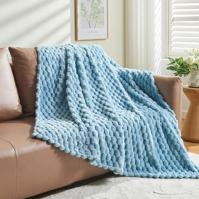 NEWCOSPLAY Super Soft Twin Blanket Blue Premium Silky Flannel Fleece 3D Clouds Stylish Jacquard Lightweight Bed Blanket All Season Use 350GSM (Blue, Twin(60