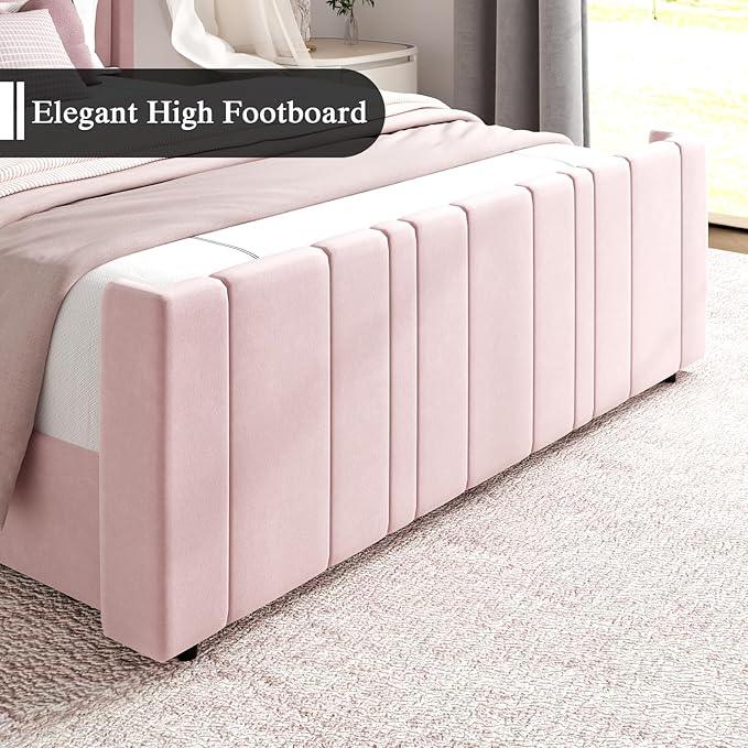 HOMBCK Pink Full Size Bed Frame Upholstered Bed with Velvet Tufted Headboard & Footboard, Mattress Foundation/Wooden Slats/Noise Free/No Box Spring Needed/Easy Assembly