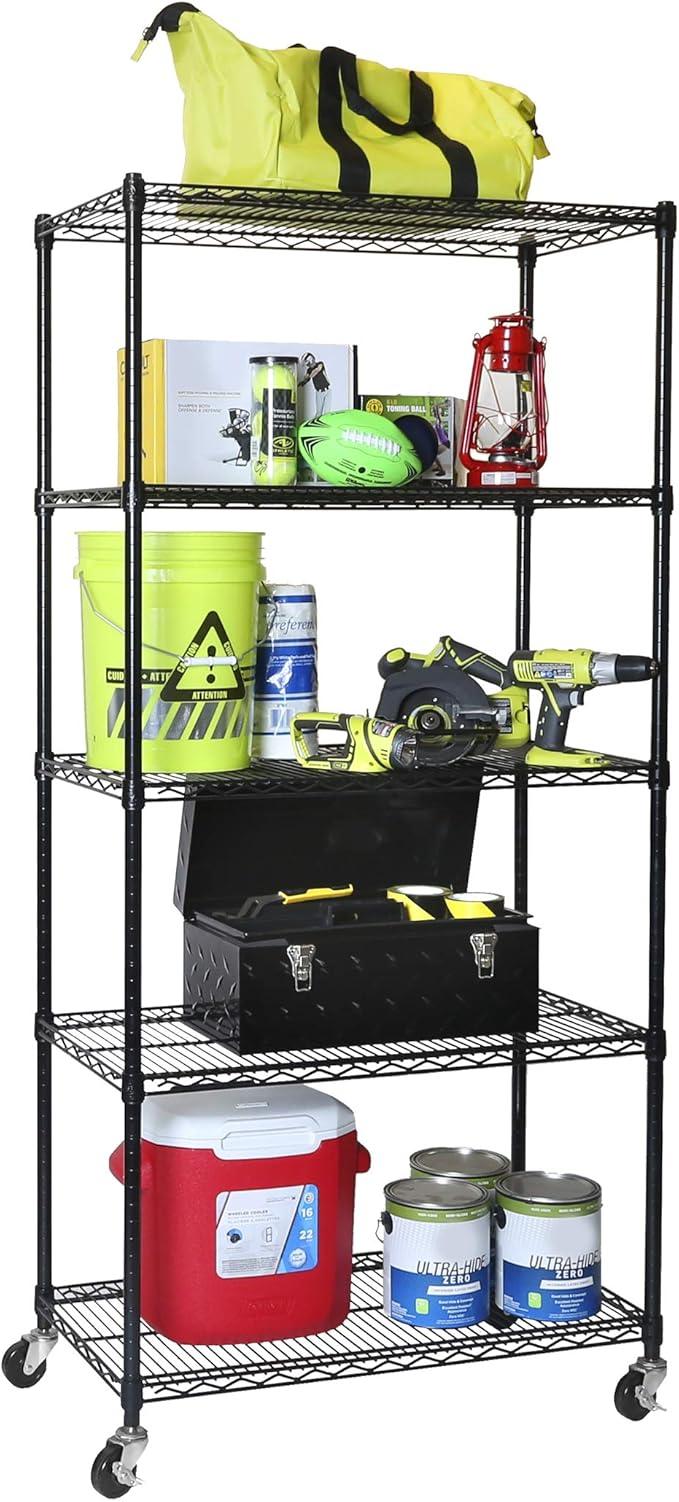 Seville Classics UltraDurable Heavy Duty NSF Solid Steel Wire Rack Storage Unit, Organizer for Garage, Warehouse, Office, Restaurant, Classroom, Kitchen, Black, 5-Tier Shelving, 36