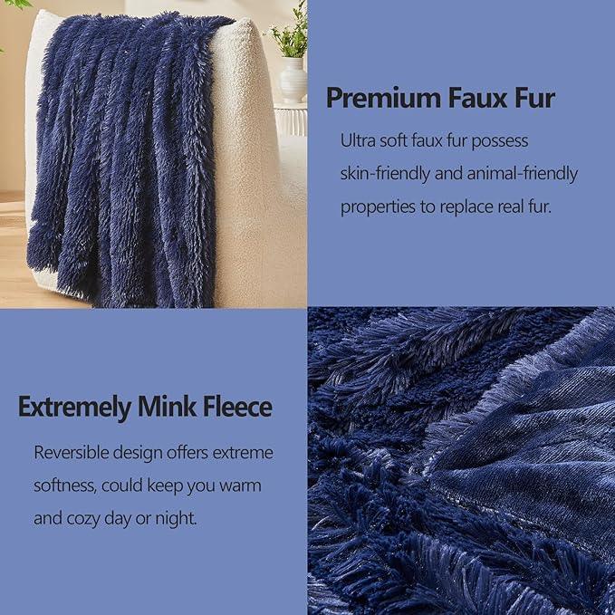 GONAAP Fuzzy Faux Fur Throw Blanket Twin Size Dark Navy Super Soft Cozy Plush Fuzzy Shaggy Blanket for Couch Sofa Bed (Dark Navy, Twin(60