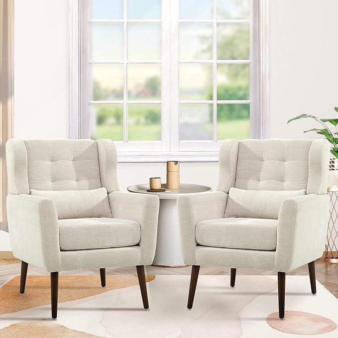 Modern Accent Chair, Upholstered Armchair with Pillow, Fabric Single Sofa Chair with Lounge Seat and Wood Legs Accent Chair for Living Room Bedroom Small Spaces (Beige, Set of 2)