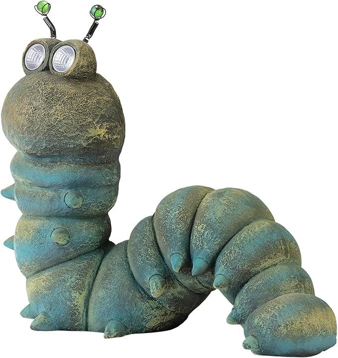 Alpine Corporation FCC121SLR Outdoor Solar Powered Garden Caterpillar Statue with LED Lights, LED Solar Garden Décor, 16