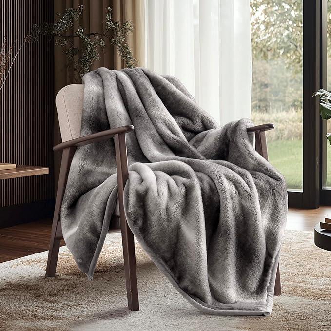 Ultra Soft Luxury Fluffy Mink Faux Fur Throw Blanket, Thick Warm Fall Winter Blankets for Bed, Couch, Cozy Plush Reversible Blanket for Chair, Sofa (Ombré Silver Onyx, 60