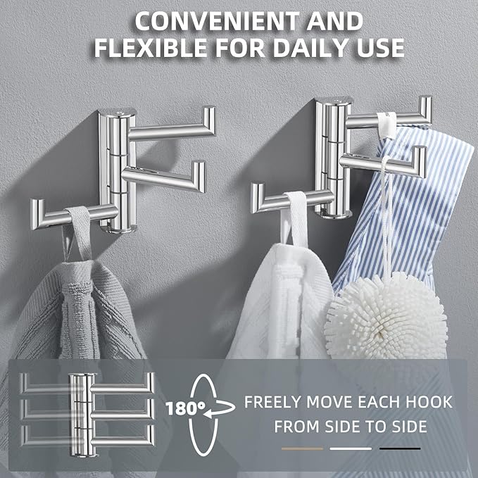 Angle Simple Swivel Towel Hooks for Bathroom, SUS 304 Stainless Steel Foldable 3 Arms Hand Towel Holder, Coat Wall Hooks, Polished Chrome, 2 Pack