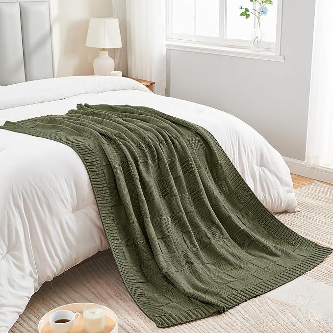 CozeCube Check Knit Throw Blanket, Olive Green Checkered Throw for Couch, Decorative Christmas Soft Cozy Warm Knitted Blanket for Bed Sofa Living Room, 50