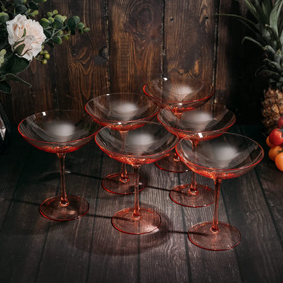 The Wine Savant Colored Vintage Glass Coupes 12oz Colorful Cocktail, Martini & Champagne Glasses, Prosecco, Mimosa Glasses Set, Cocktail Glass Set, Bar Glassware Luster Glasses (6, Orange)