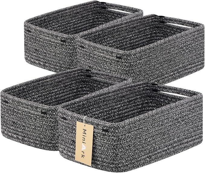 Small Storage Baskets for Organizing | Closet Organizer Bins | Shelf Toy Basket | Woven Rope Baskets | Cube Decorative Box | Shallow Basket | 13x8.5x5.1” | 4 Packs Dark Gray
