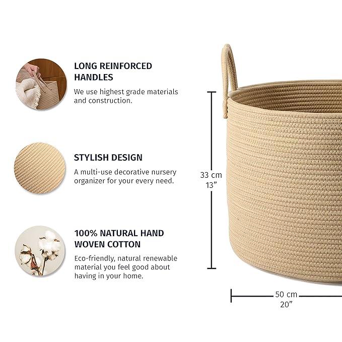 OrganiHaus Large Laundry Basket, Woven Cotton Rope Basket for Blankets, Toy Storage, Nursery Hamper, Living Room Decor Organizer, Soft & Durable Hamper with Handles, 20x13 inches - Honey