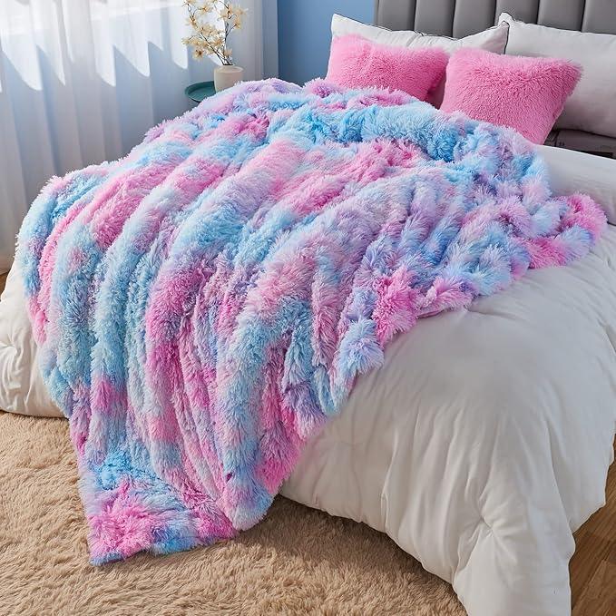GONAAP Fuzzy Faux Fur Throw Blanket Twin Size Purple Rainbow Super Soft Cozy Plush Fuzzy Shaggy Blanket for Couch Sofa Bed (Purple Rainbow, Twin(60