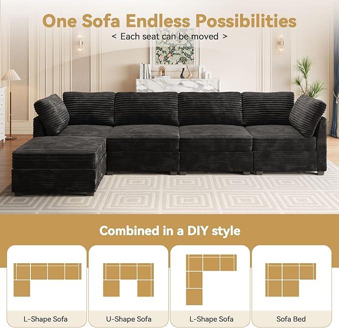 Modular Sectional Sofa, 130.7 Inch U Shaped Couch Set for Living Room, 4-Seater Comfy Cloud Couches with Two Movable Ottoman, Plush Corduroy, Black