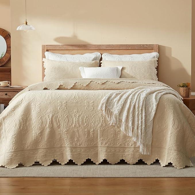 MarCielo 3-Piece 100% Cotton Oversized Bedspread Lightweight Quilt Coverlet Embroidery Farmhouse Bedding Set(TL Beige,Oversized Queen (100