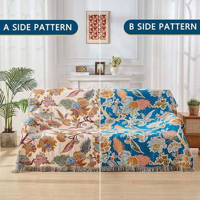 100% Muslin Throw Blanket for Couch, Butterfly and Floral Double Embroidery Fall Throw Blanket 60