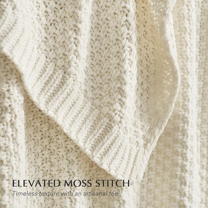 Chunky Chenille Knit Throw Blanket for Couch, Soft Luxurious Moss Stitch Blankets for Bed, Cozy Decorative Farmhouse Knitted Throws for Sofa, Ivory White, 50