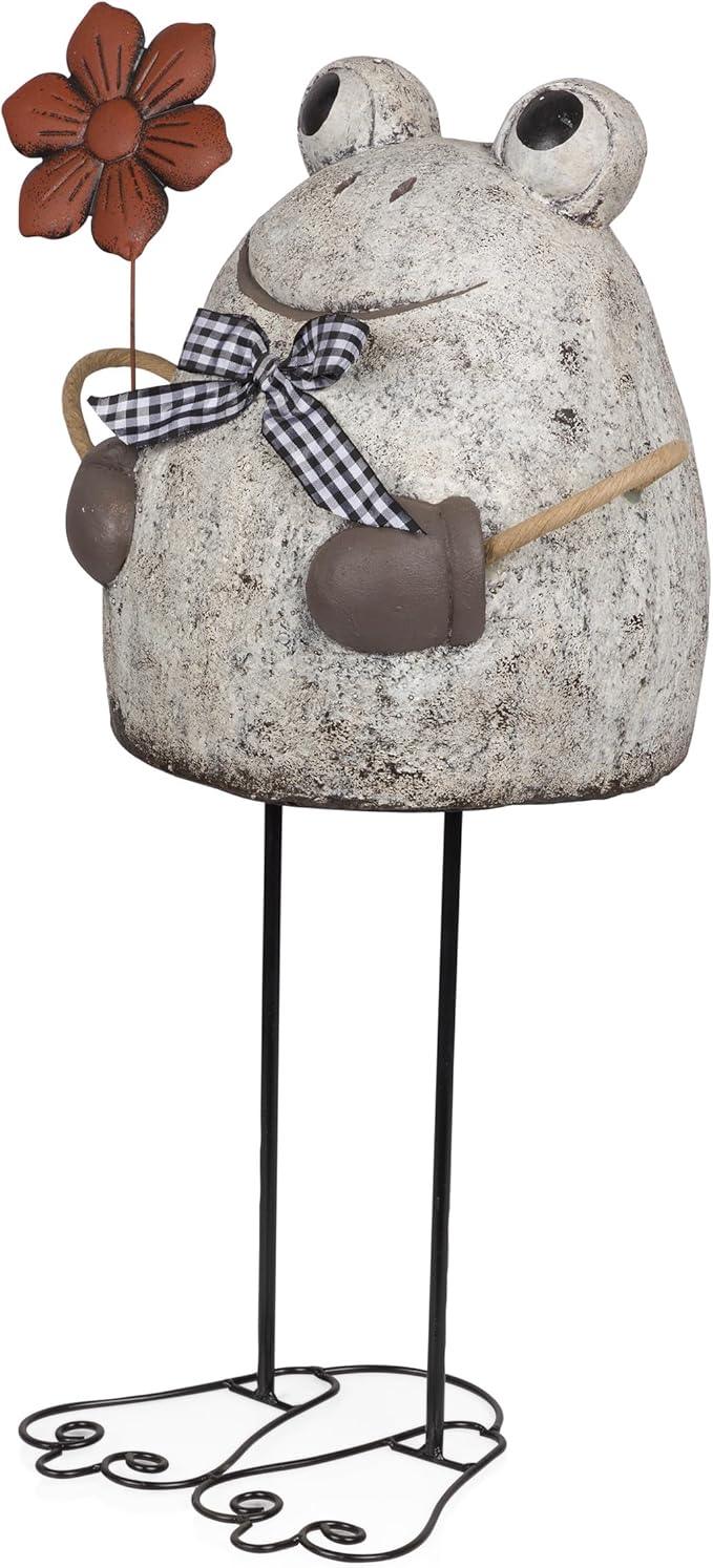 Alpine Corporation MCC860 Indoor/Outdoor Frog with Flower Garden Statue, Stone Finish Frog Statue for Yard, 24