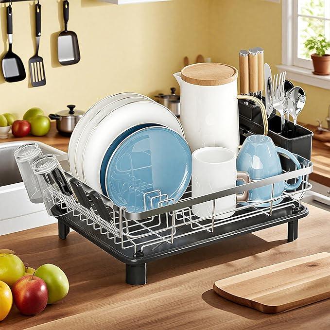 MOUKABAL Dish Drying Rack - Stainless Steel Dish Rack, Dish Racks for Kitchen Counter, Drying Rack Kitchen with Removable Utensil Holder, Drainboard and Glass Organizer (Black)
