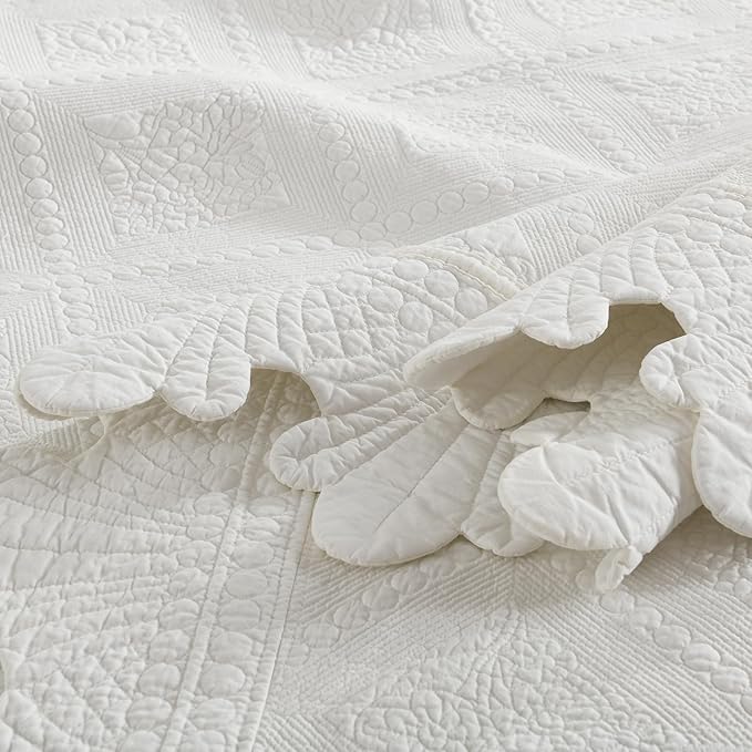 MarCielo 3-Piece 100% Cotton Oversized Bedspread Lightweight Quilt Coverlet Embroidery Farmhouse Bedding Set (TK White, Oversized King (118