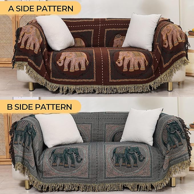 Boho Throw Blanket for Bed with Tassels,100% Cotton Ultra Soft and Cozy Large Blanket Elephant Printed Farmhouse Decor Bed Blankets,60