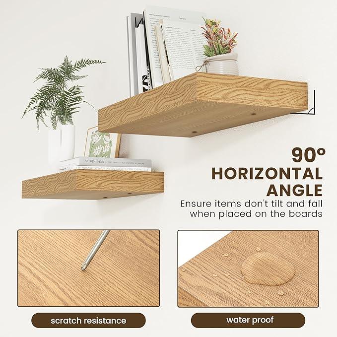 Deep Floating Shelves, 12 Inch Deep Rustic Floating Shelves Set of 2, 24 Inch Large Oak Wood Wall Mounted Shelves for Books Living Room Laundry Room Bedroom Kitchen Home Office - Oak