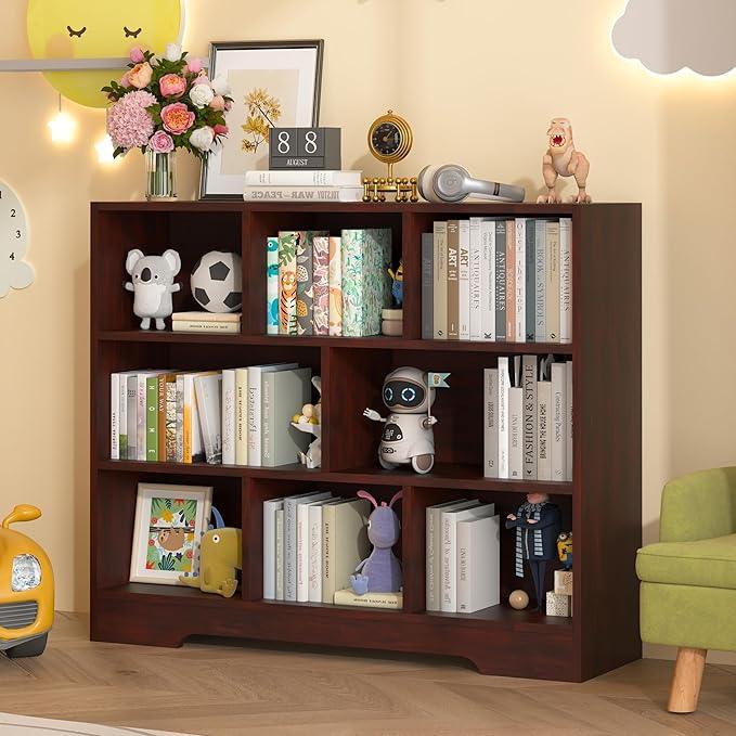 Book Shelf, 8 Cubes Storage Organizer, 3-Tier Open Shelf Wooden Bookcase, Freestanding Cherry Bookshelf Cube Shelf for Bedroom, Living Room, Home Office