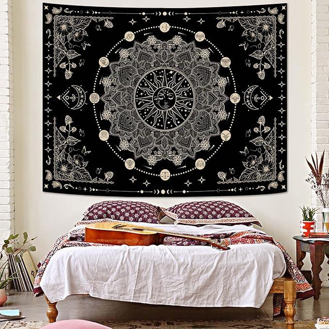 Lunerfex Sun and Moon Mandala Tapestry Boho Tapestry for Bedroom Black and White Tapestries Wall Hanging Living Room Wall Art and Home Decor 44x60
