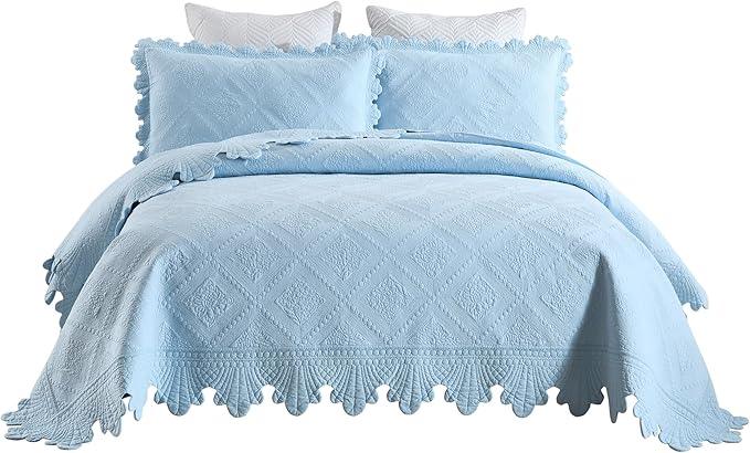 MarCielo 3-Piece 100% Cotton Oversized Bedspread Lightweight Quilt Coverlet Embroidery Farmhouse Bedding Set (TK Light Blue, Oversized King (118