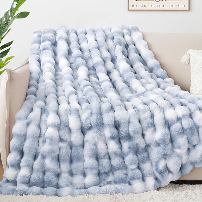 Touchat Luxury 1000GSM Faux Rabbit Fur Throw Blanket, Super Heavy Warm Cozy Grey Blankets for Couch Bed Sofa, Ruched Plush Fuzzy Elegant Soft Reversible Mink Blanket for Living Room Bedroom