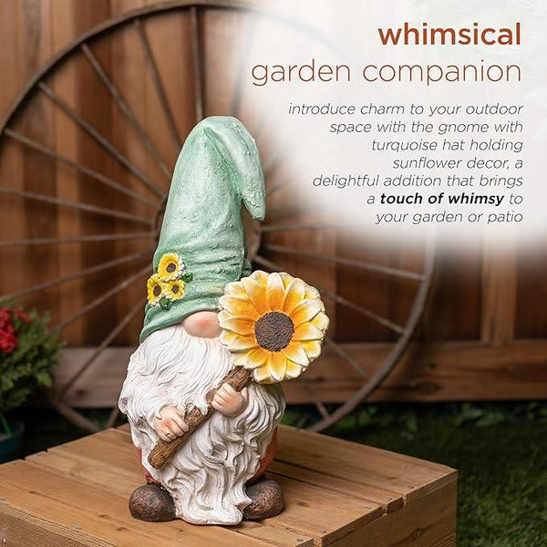 Alpine Corporation MCC842 Indoor/Outdoor Gnome Holding Sunflower Garden Statue, Charming Gnome Statue w/Hat, 21