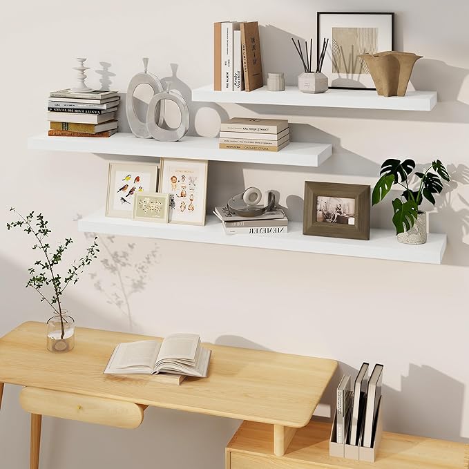 White Floating Shelves 48 Inch Long, 8 Deep Floating Shelves for Wall, Rustic 48