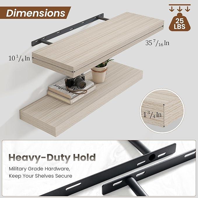 Heimlove 36 Inch Floating Shelves for Wall,10 Inch Deep Grey Wood Shelves with Invisible Brackets,Wall Mounted Storage & Display Shelves for Bedroom,Living Room,Kitchen,Office