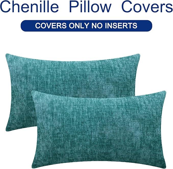CaliTime Throw Pillow Covers Decorative 16 X 26 Inches Pack of 2 Cozy Chenille Cushion Cases for Couch Sofa Bed Living Room Home Teal