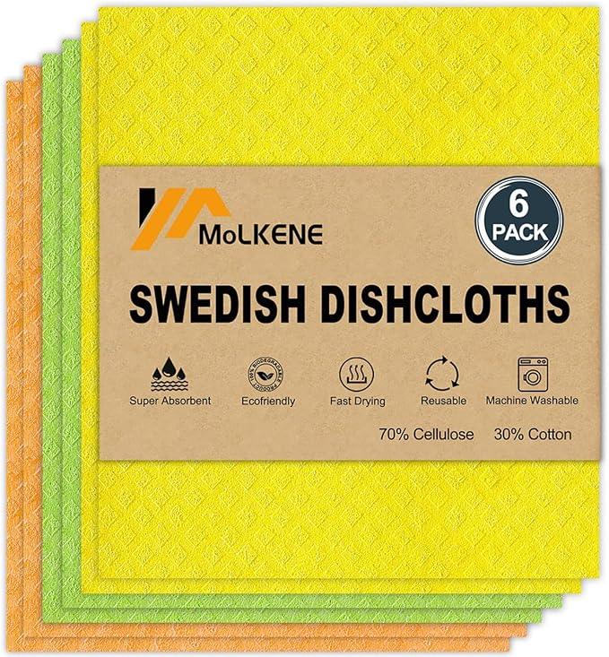 Swedish Dishcloths for Kitchen | 6 Pack Dish Towels Cellulose Sponge Cloths | Non-Scratch Reusable Paper Towels Washable | No Odor Fast Drying Swedish Cloths, Multicolor