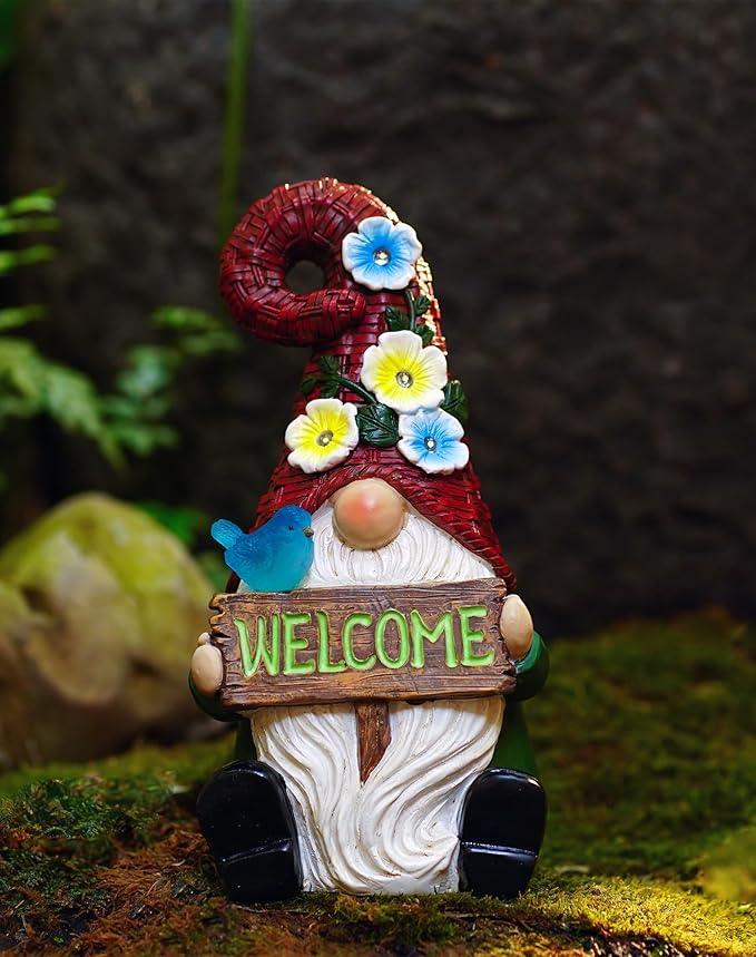 Goodeco Sitting Gnome with Welcome Sign - Garden Gnomes Outdoor with Solar Bird & LED Lights, Ideal Gifts for Mom or Women, Housewarming Gnome Decorations
