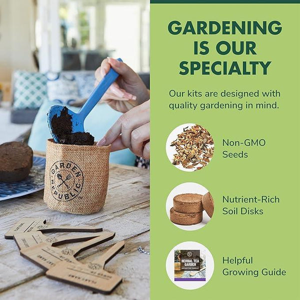 Indoor Herb Garden Seed Starter Kit - Herbal Tea Growing Kits, Grow Medicinal Herbs Indoors, Seeds for Planting, Soil, Plant Markers, Pots, Infuser, Planter Box, Gardening Gifts for Women